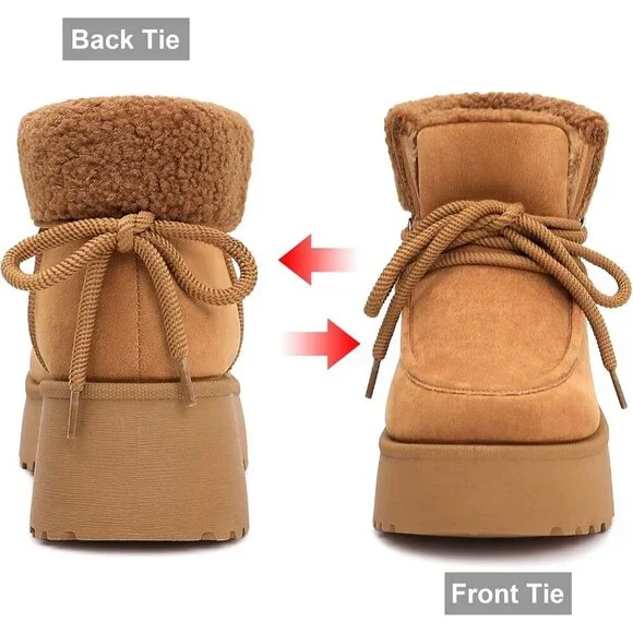 Women's Brown Platform Lace Up Snow Boots with Zipper & Chunky Heels - Picture 5 of 6